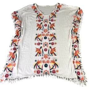 Goodnight Macaroon Tunic Top Womens Medium Embroidered Colorful White Pom-Poms